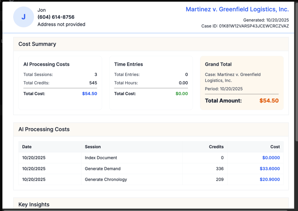 ProPlaintiff AI Usage Cost Breakdown by Task and File