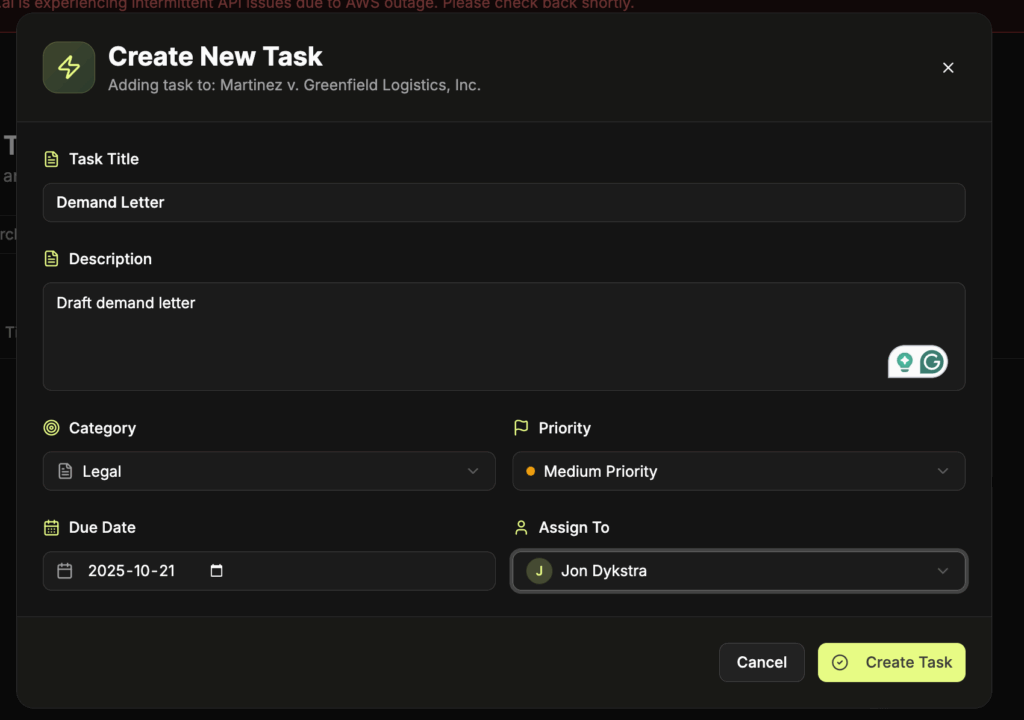ProPlaintiff task creation screen
