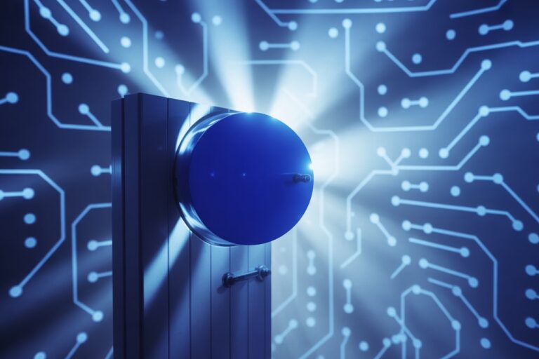 Abstract image of a secure data vault illuminated by digital circuit patterns, symbolizing shadow AI risks and client-data protection in law firms