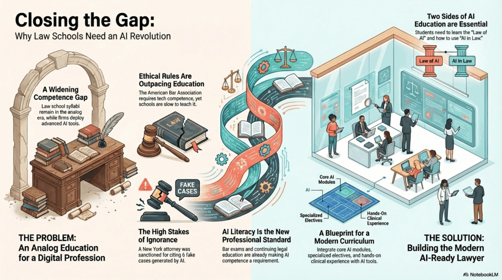 Infographic illustrating the need for law schools to include AI in the curriculum
