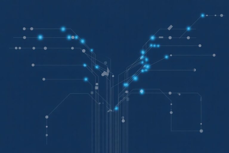 Radiant blue algorithmic flowcharts branching into opposite directions on navy backdrop, white geometric nodes connected by gray lines forming contested pathways, clean data visualization aesthetic with intentional breaks