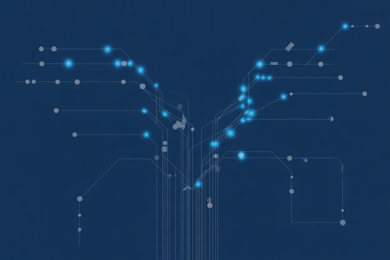 Radiant blue algorithmic flowcharts branching into opposite directions on navy backdrop, white geometric nodes connected by gray lines forming contested pathways, clean data visualization aesthetic with intentional breaks