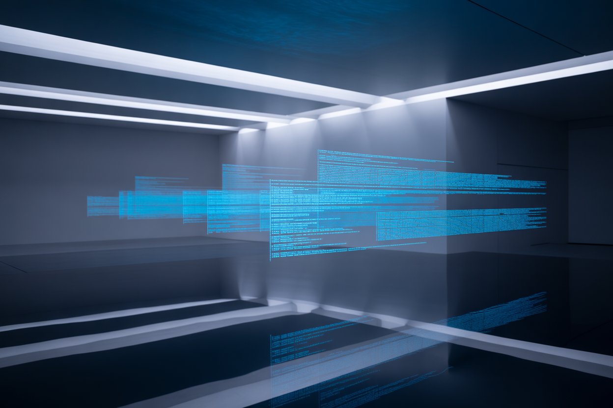 Algorithmic audit visualization showing AI code under examination with bright verification lights representing independent oversight and legal AI accountability standards