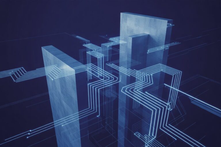 Abstract digital cityscape of interconnected bright-blue and white circuit lines on a dark navy background symbolizing AI compliance networks and legal oversight systems