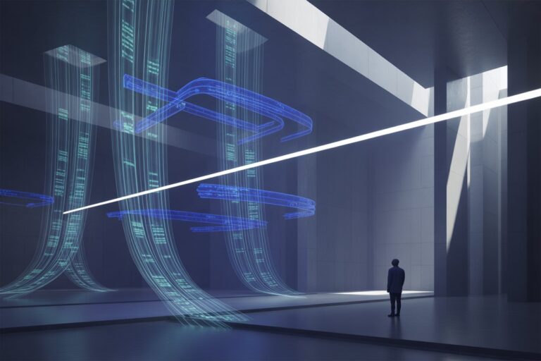 AI algorithms visualized as glowing data streams inside a futuristic courtroom, blue holographic projections and human observer under cinematic light