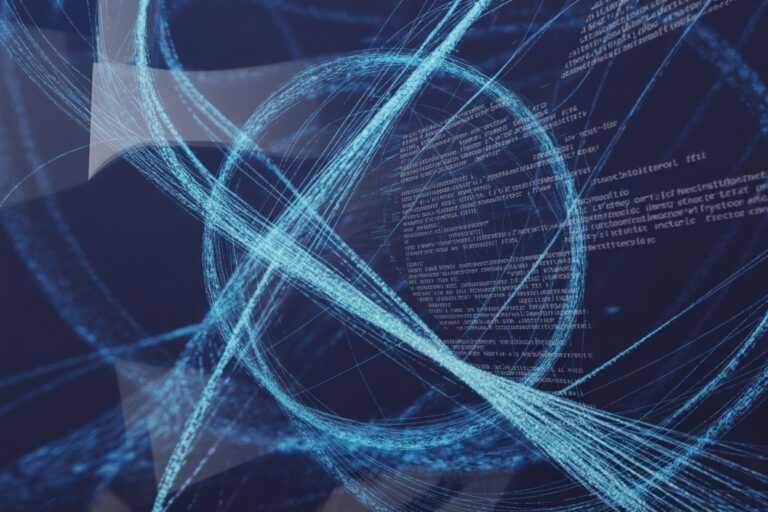 Fragmented digital legal code, bright blue threads on dark navy, generative AI art style