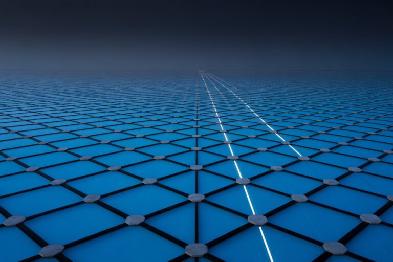 AI facial recognition grid visualization showing algorithmic pattern analysis technology in blue and white against dark background