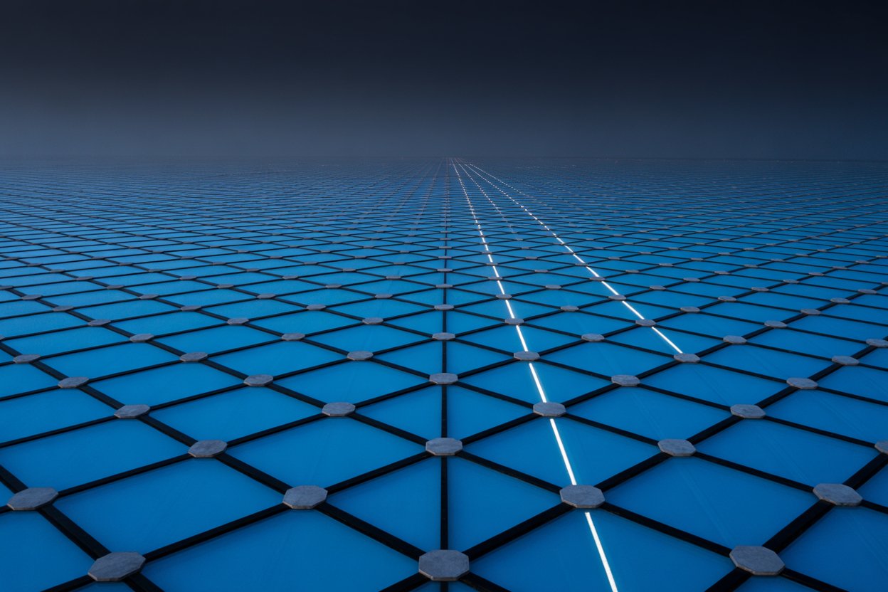 AI facial recognition grid visualization showing algorithmic pattern analysis technology in blue and white against dark background